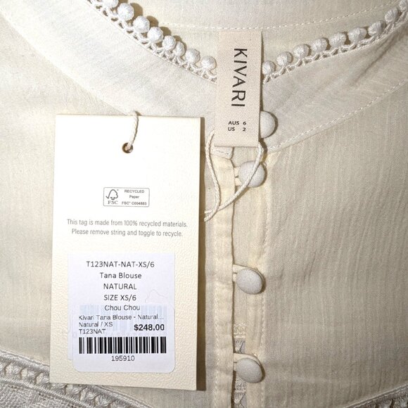 NWT Kivari | "Tana" Cotton Button Front Crochet Detail Blouse in Cream | Size 2* - Picture 8 of 14